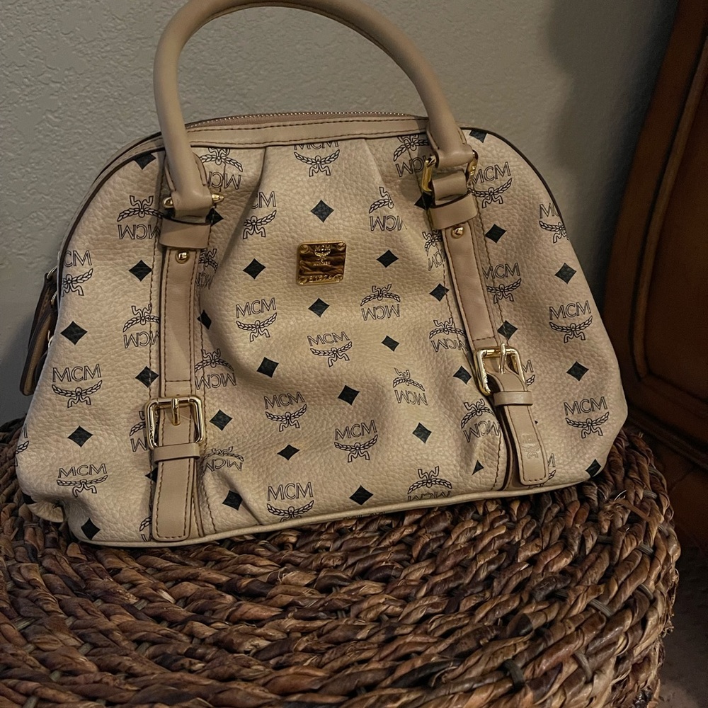 MCM Visetos Vintage Boston Satchel Beige